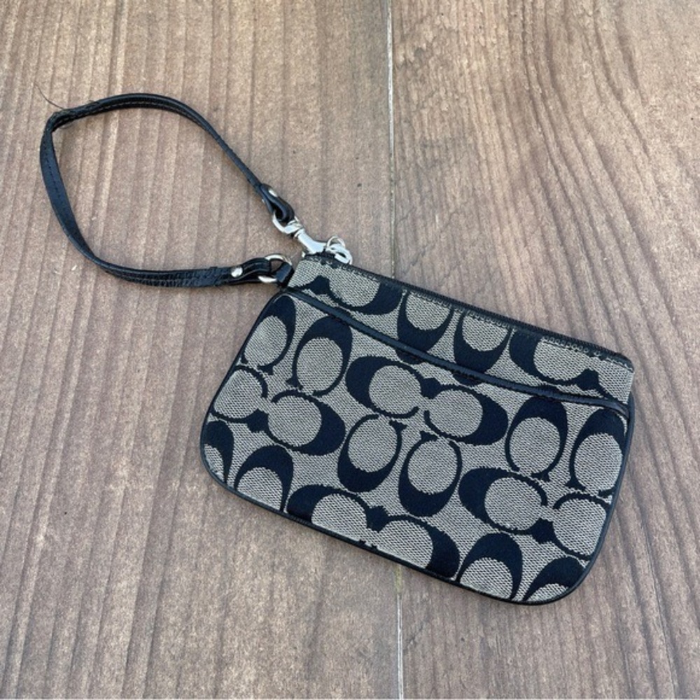 Coach Signature Monogram Canvas Wristlet Black Grey Small Wristlet Bag